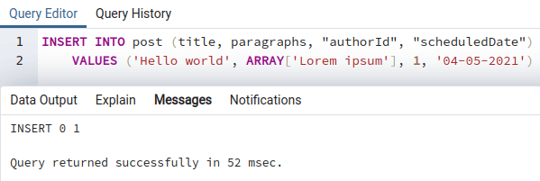 PostgreSQL inset into post